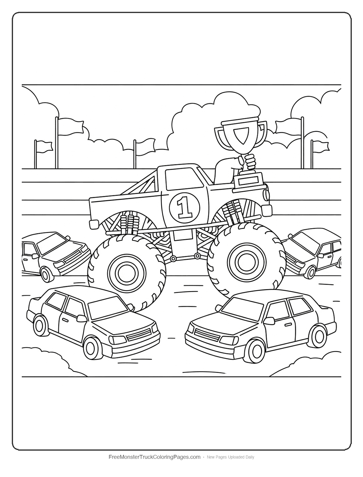 Black and white coloring page of a monster truck holding a trophy surrounded by crushed cars in an arena