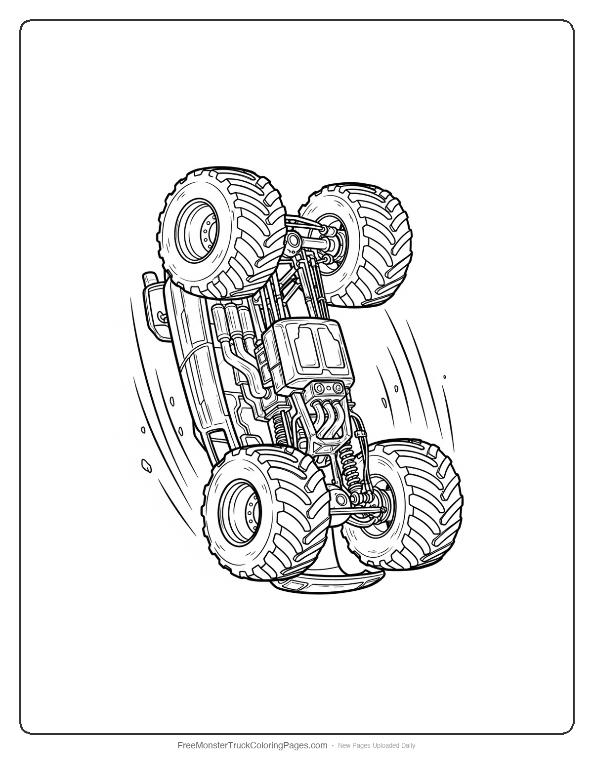 Black and white coloring page of a monster truck performing a backflip in mid-air with detailed mechanical parts and action lines