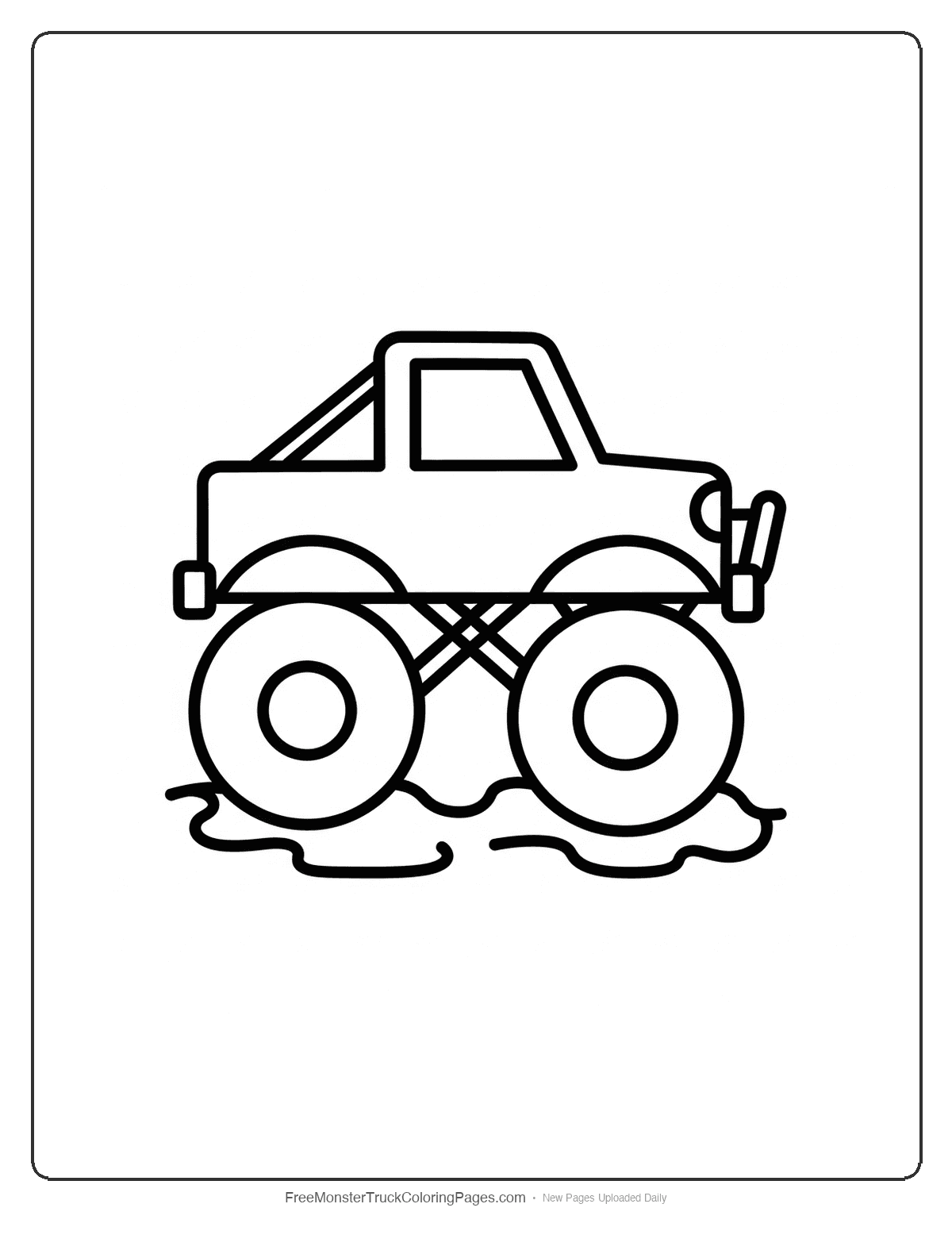 Simple mud monster truck coloring page with basic shapes and thick lines for toddler coloring