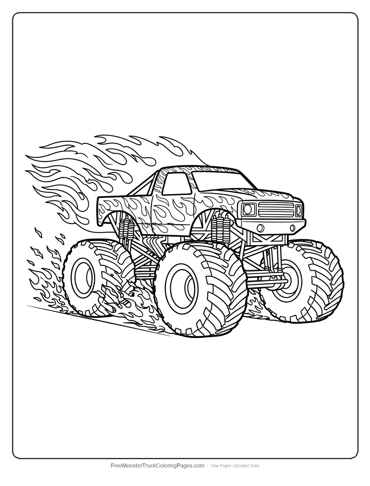 Black and white coloring page of a monster truck with flame trails streaming behind it and fire patterns on the body