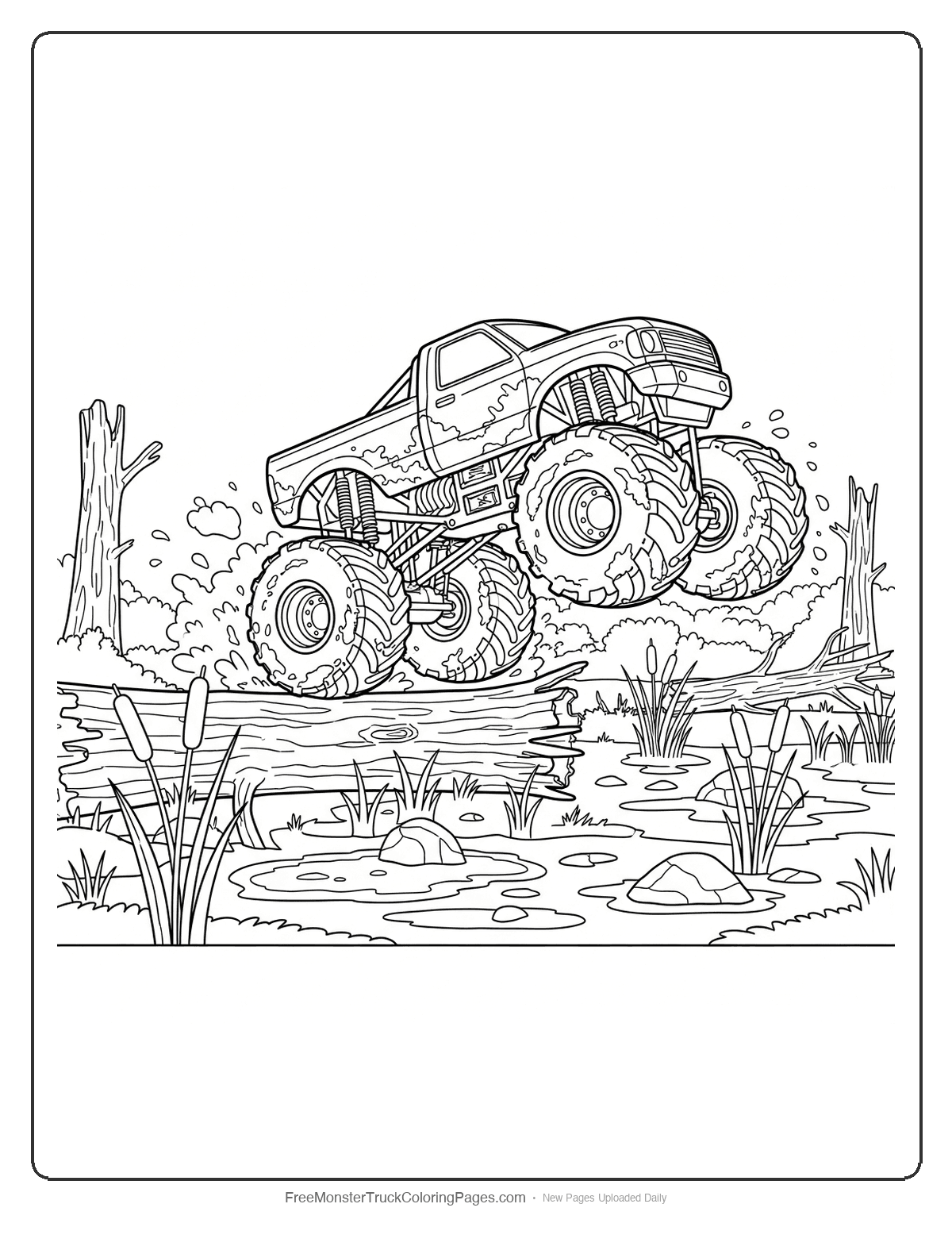 Coloring page of a monster truck jumping over a log in a mud bog with mud flying everywhere