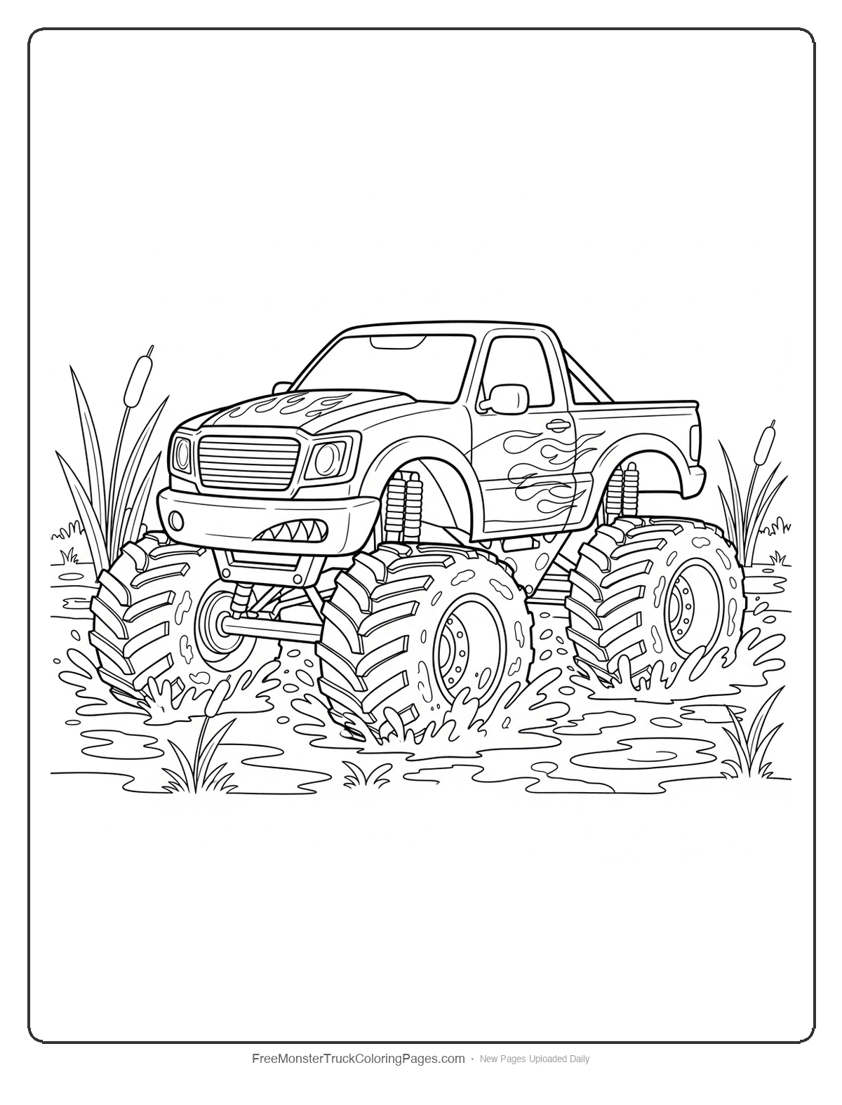 Coloring page of a fierce monster truck called Boggy Beast driving through a muddy bog with splashes