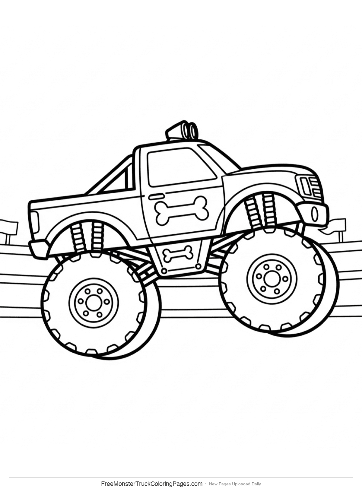 Black and white coloring page of Bone Rattler monster truck doing a backflip in the air with bone-themed design