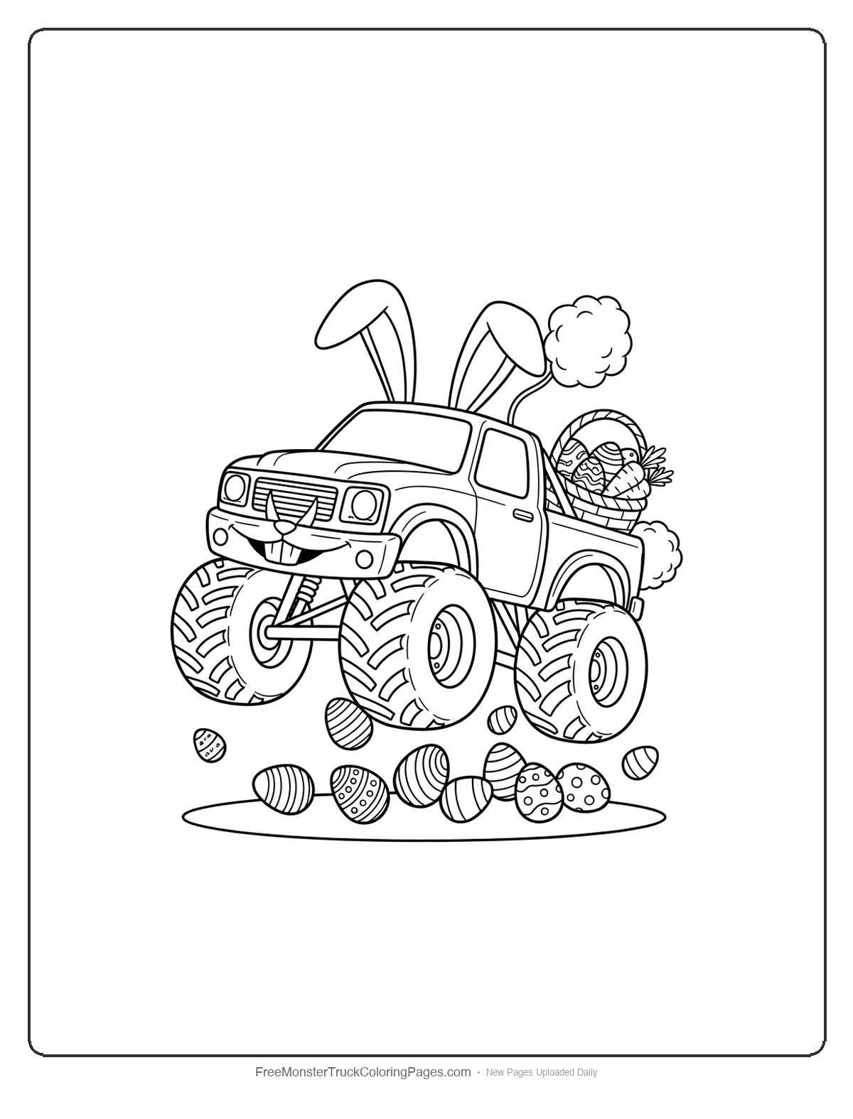 Black and white coloring page of a monster truck decorated with bunny ears and tail, jumping over Easter eggs