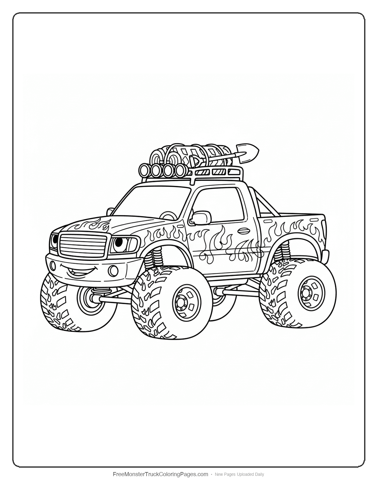 Black and white coloring page of a monster truck with friendly campfire-style flame patterns and outdoor adventure theme