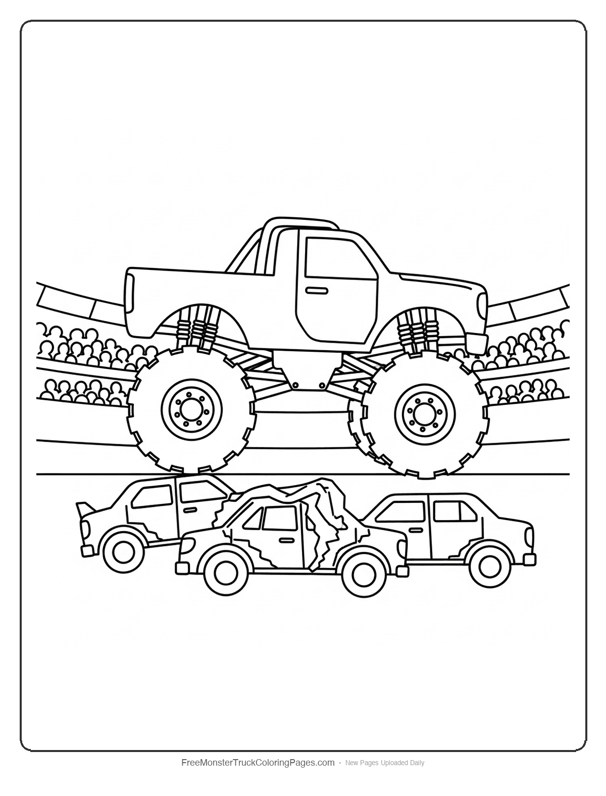 Black and white coloring page of a monster truck with large wheels positioned above crushed cars