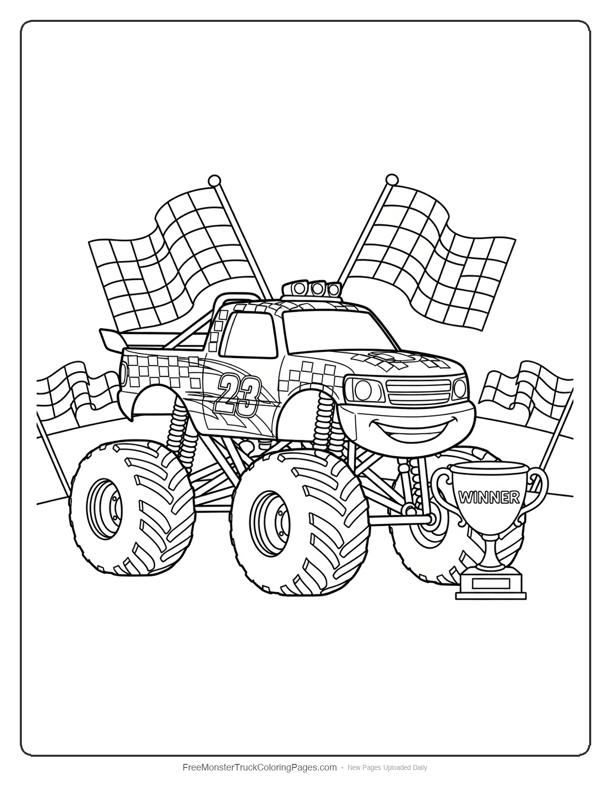 Monster truck coloring page with a racing truck holding checkered flags in victory pose