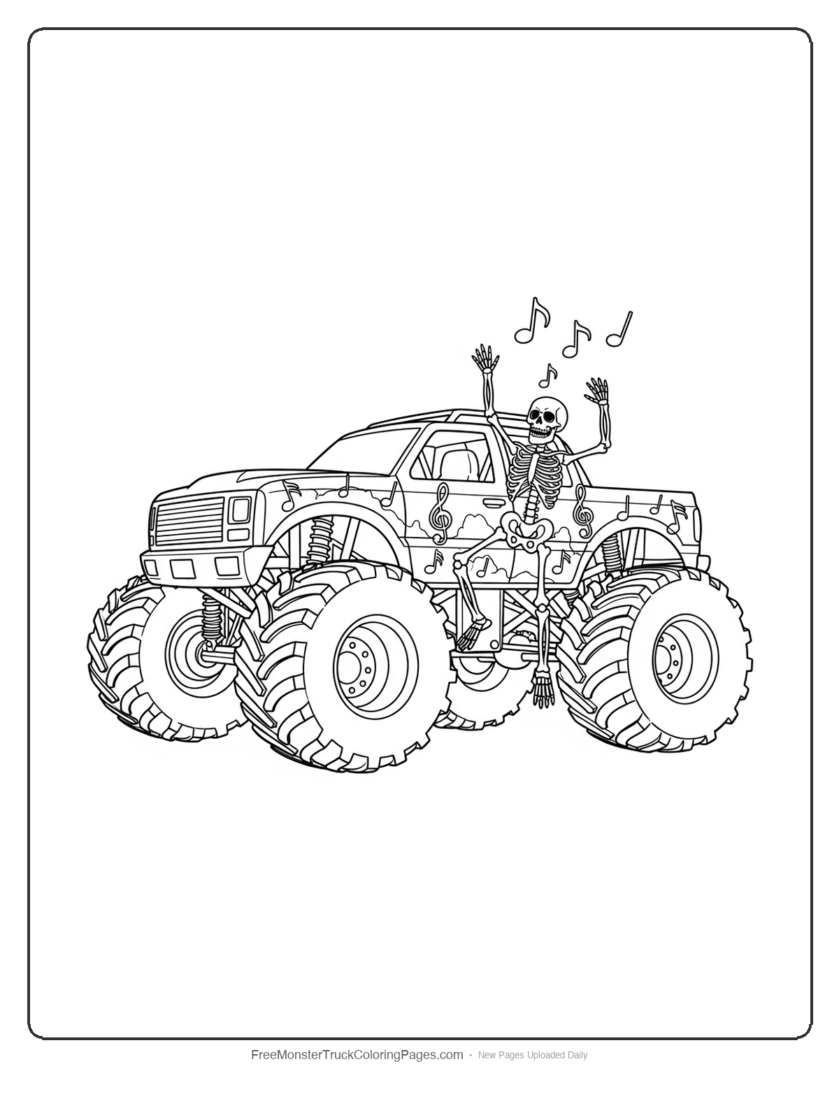 Black and white coloring page of a monster truck with a dancing skeleton character painted on its side