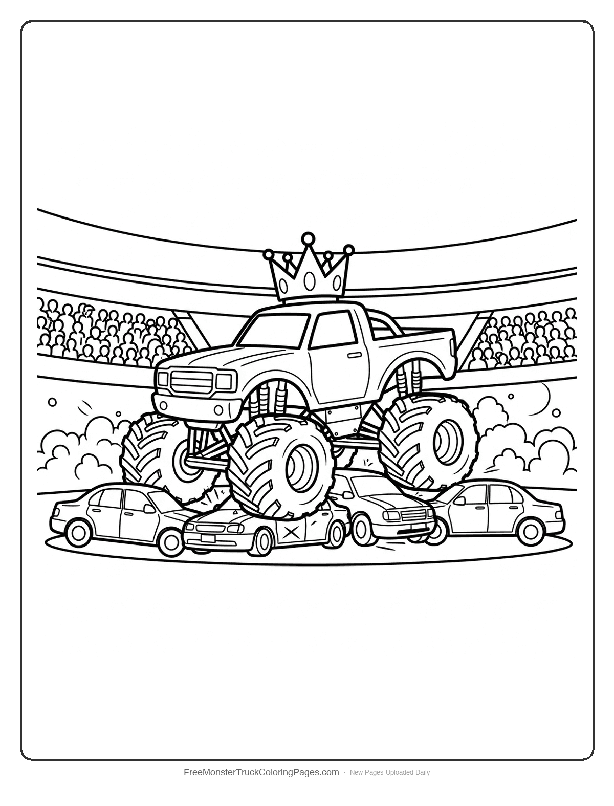 Black and white coloring page of a crowned monster truck crushing multiple cars in an arena setting