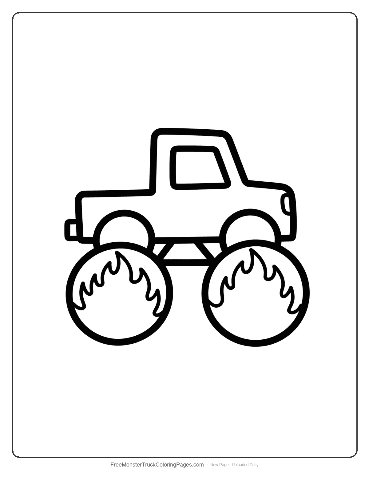 Black and white coloring page of a very simple monster truck with basic flame designs on large wheels