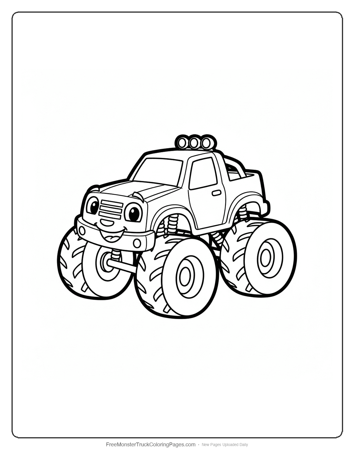 Black and white coloring page of a simple monster truck with a happy face making a small jump with thick outlines
