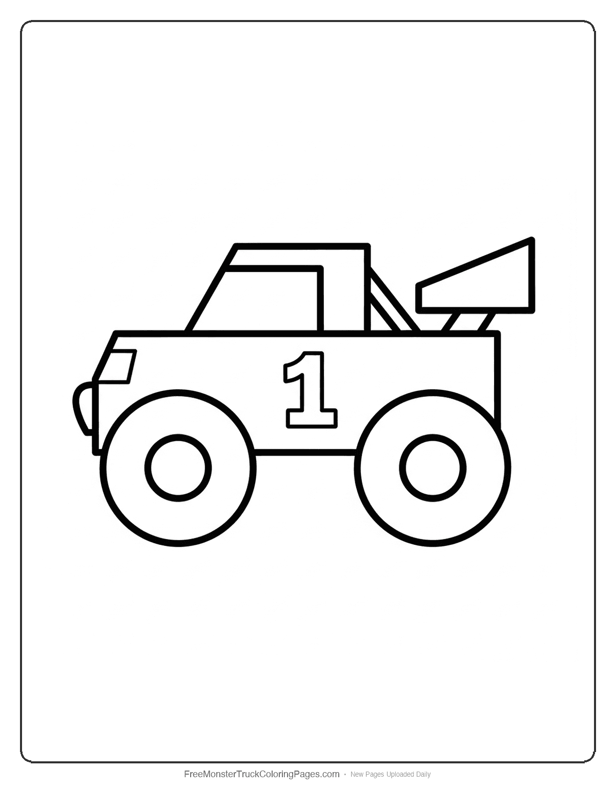 Simple racing monster truck coloring page with basic shapes and thick outlines for young children