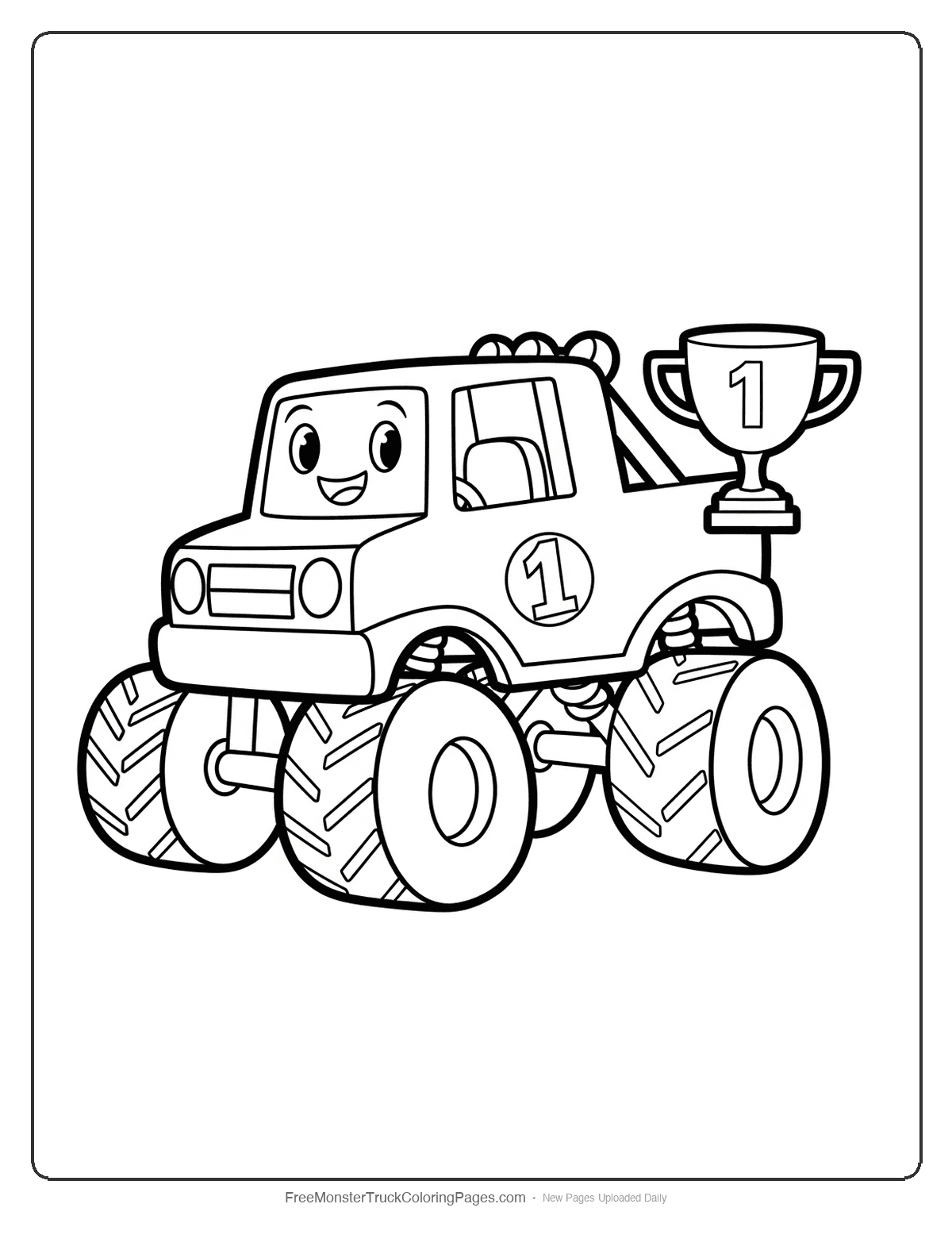 Simple monster truck coloring page with happy face, racing number, and basic winner design for young children