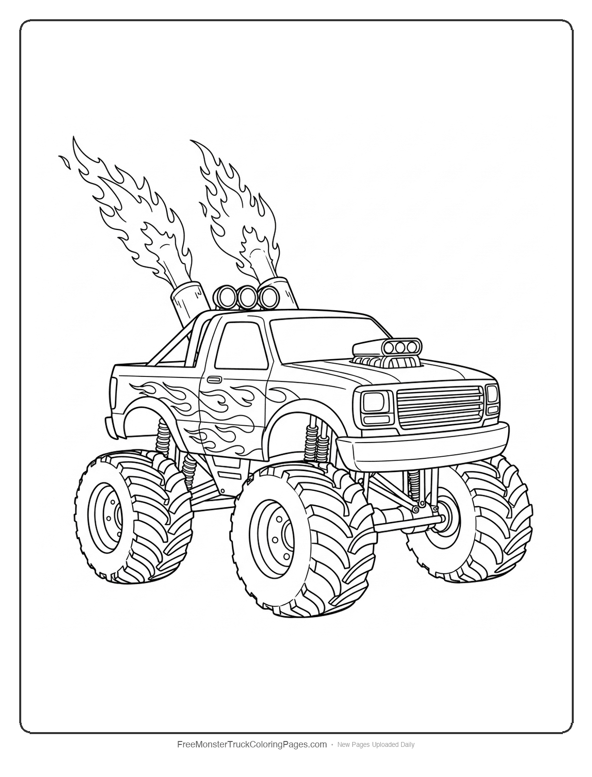 Black and white coloring page of a monster truck with large flames coming from exhaust pipes and flame decals on the sides