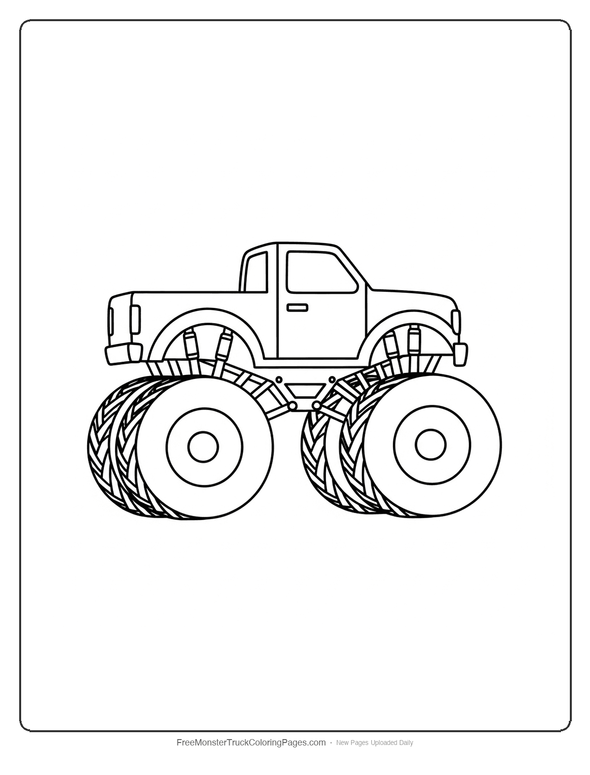 Black and white coloring page of a Bigfoot-style monster truck with enormous wheels and basic truck cab