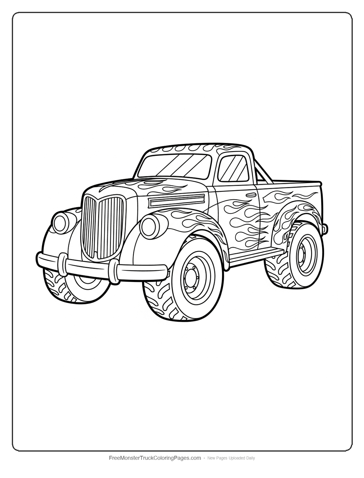 Black and white coloring page of a monster truck with classic hot rod flame patterns along the sides and vintage styling
