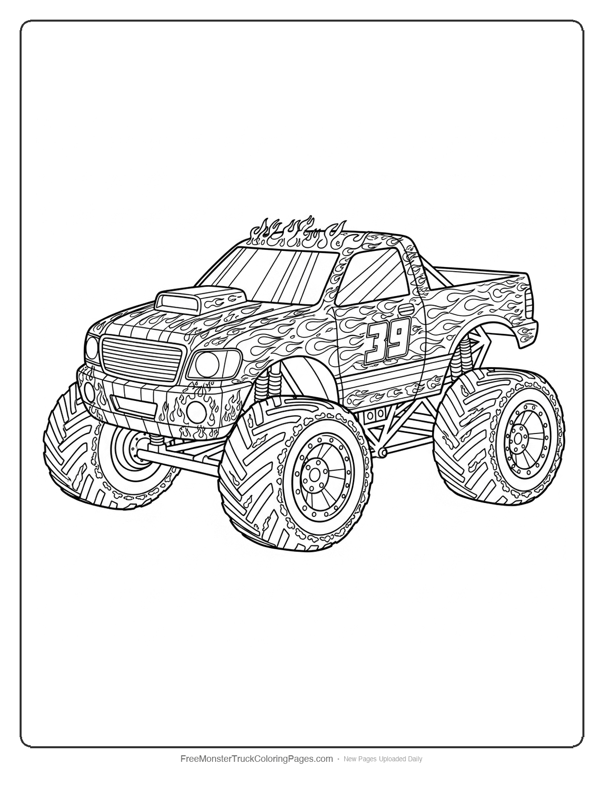 Black and white coloring page of a detailed monster truck with intricate flame patterns, racing number, and complex wheel designs