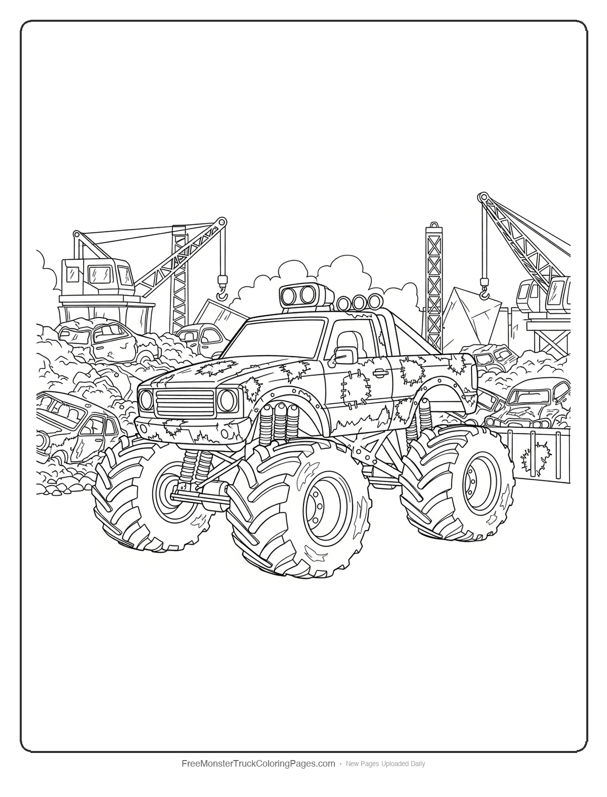 Black and white coloring page of a rugged monster truck in a junkyard setting surrounded by piles of cars and scrap metal
