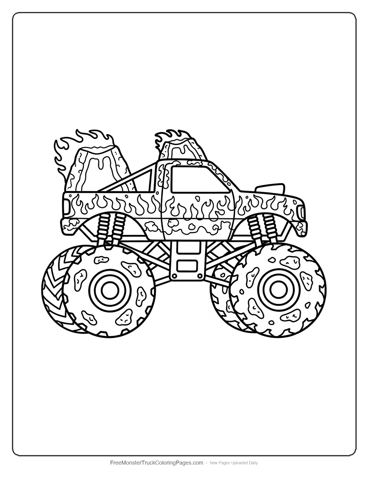 Black and white coloring page of a monster truck with lava-like flame patterns and volcanic rock texture details