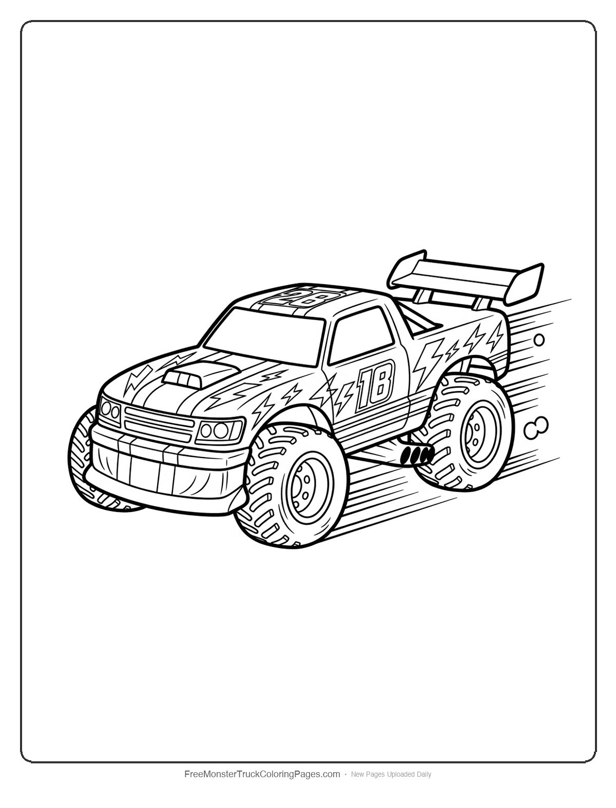 Monster truck coloring page showing a racing truck with lightning bolt decorations and racing stripes