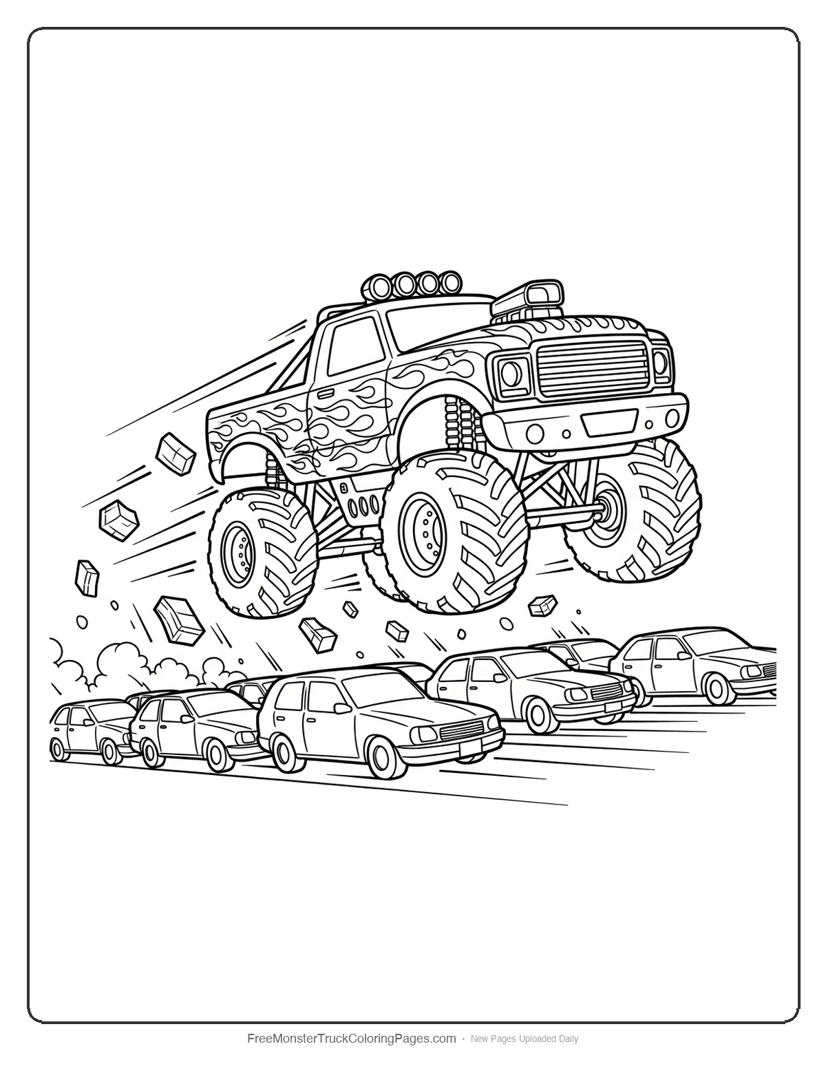Black and white coloring page of a monster truck mid-jump over a row of cars with motion lines and debris