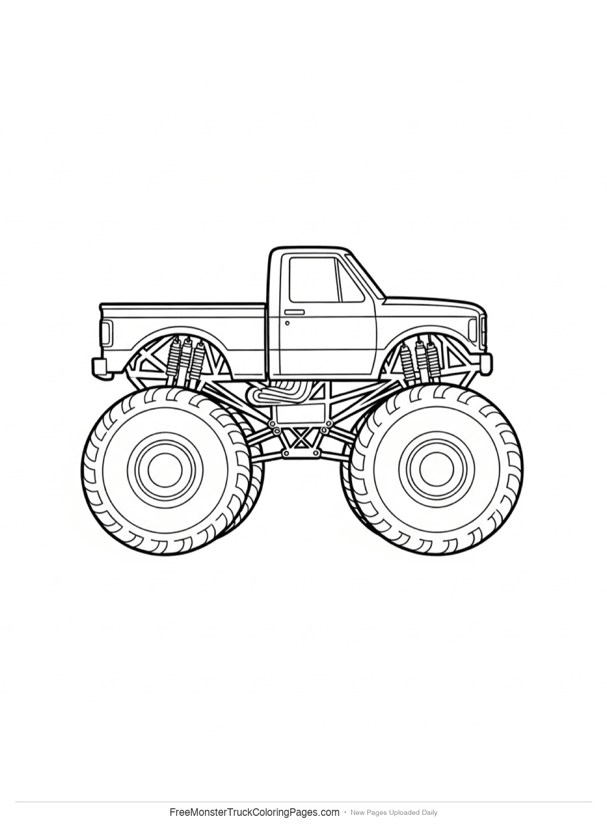 Black and white coloring page of Mega Stomp Bigfoot-style monster truck with enormous tires crushing a car