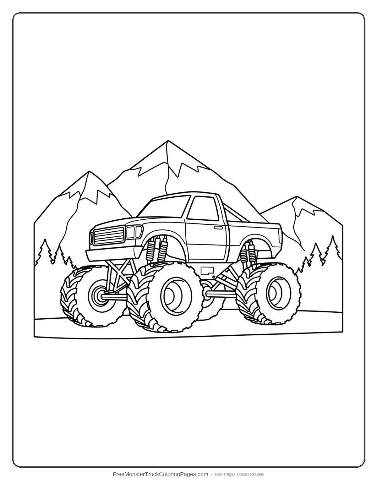 Black and white coloring page of a Bigfoot monster truck with mountain and outdoor adventure theme