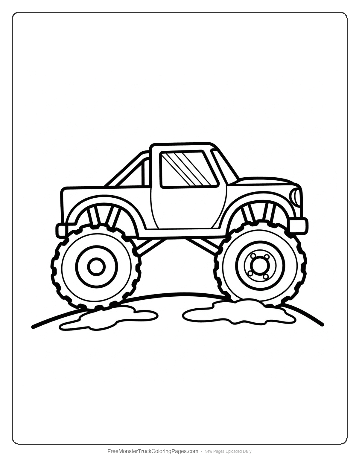 Coloring page of a monster truck climbing up a steep muddy hill with large tires gripping the slope