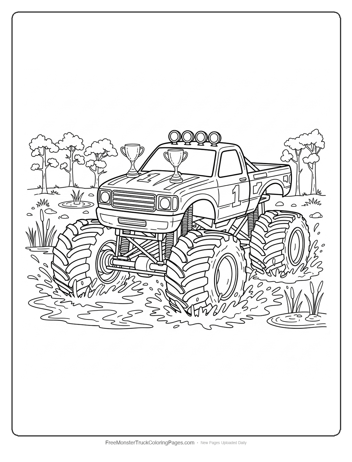 Coloring page of a champion monster truck driving through muddy water with victory details