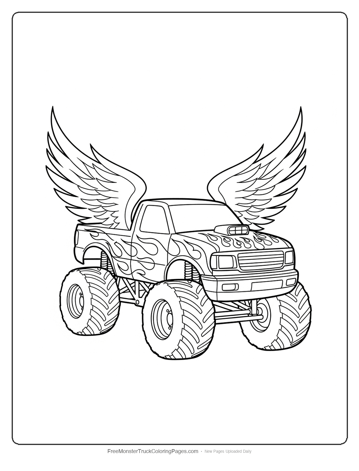 Black and white coloring page of a monster truck with phoenix-like flame patterns spreading upward from the wheels and body