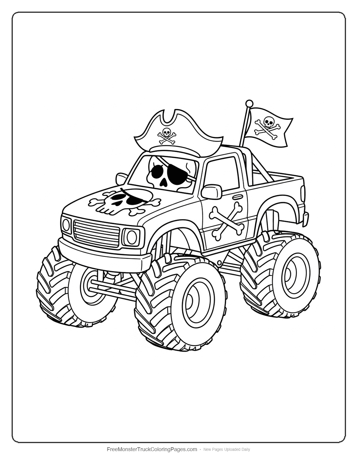 Black and white coloring page of a monster truck decorated with pirate skull and crossbones design