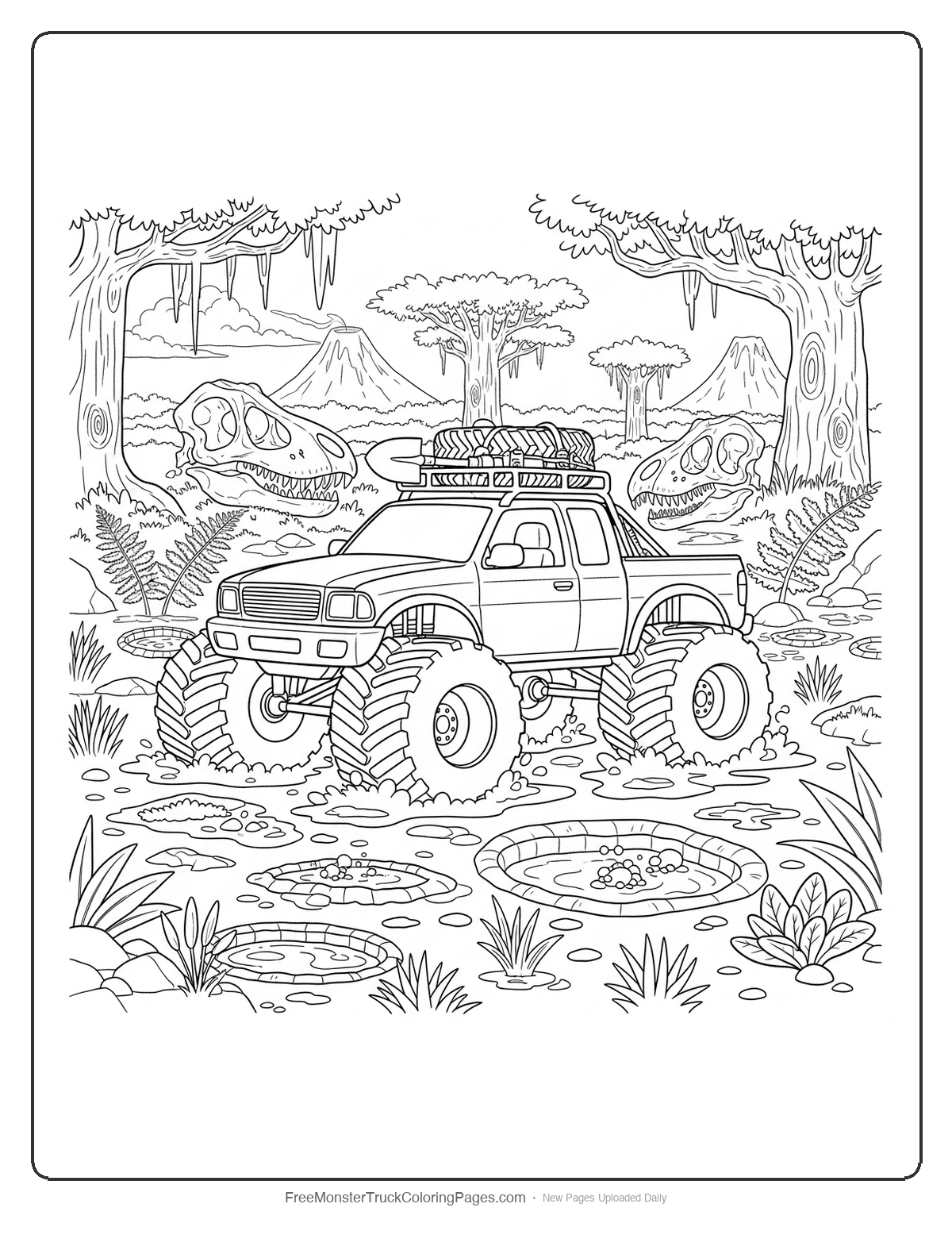 Coloring page of a monster truck exploring a prehistoric swamp with dinosaur fossils and ancient plants