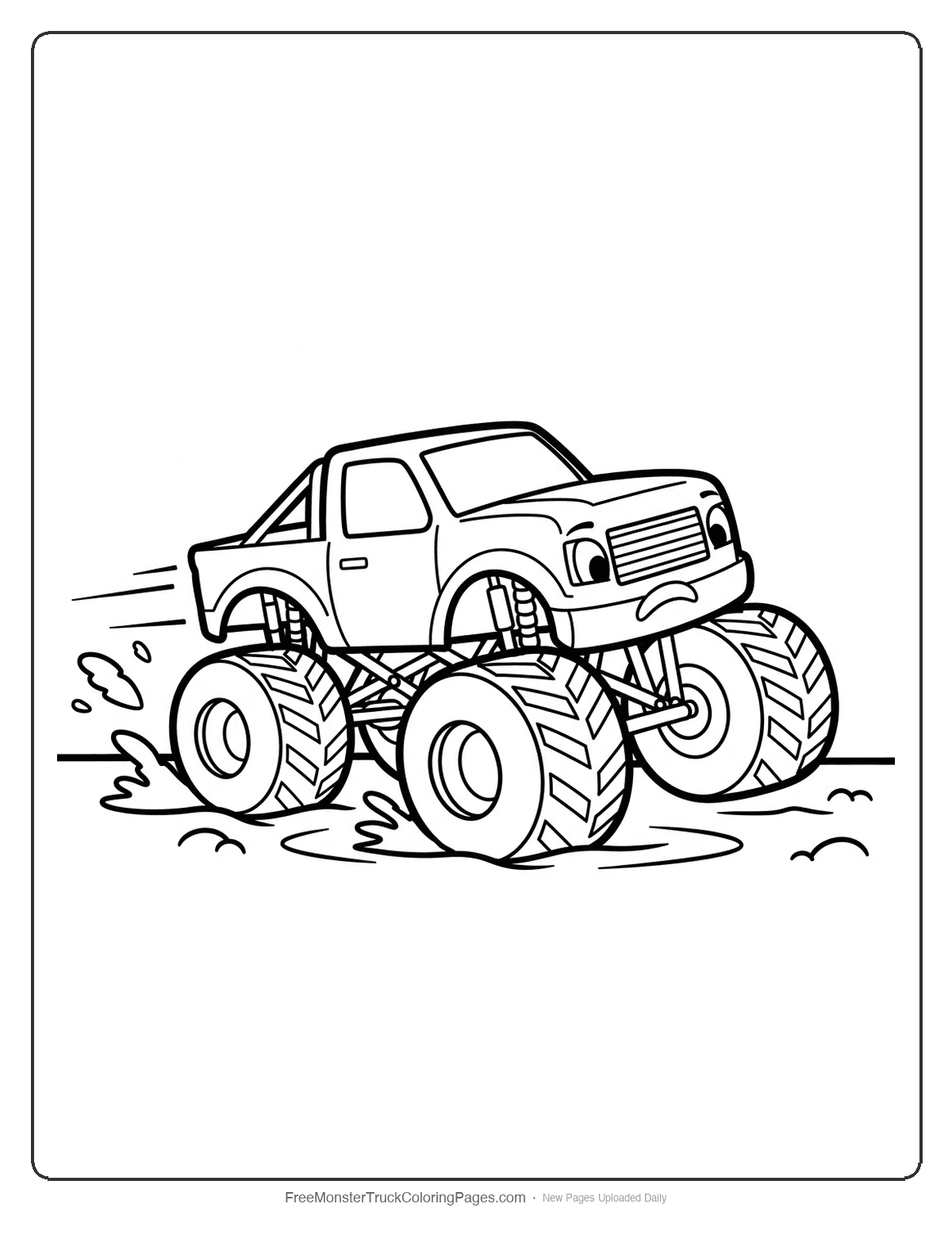 Coloring page of a monster truck escaping from quicksand with dramatic action and mud effects