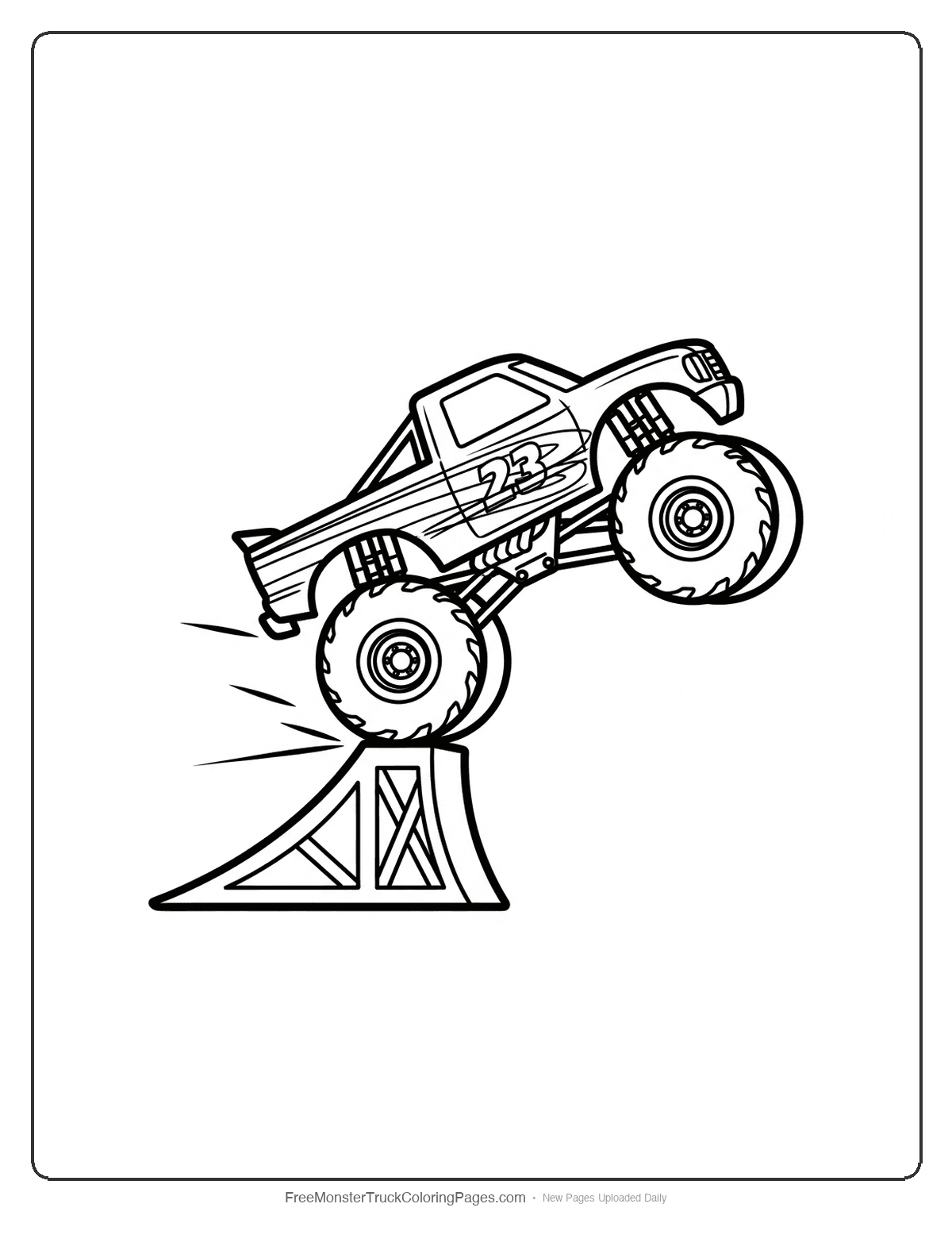 Black and white coloring page of a monster truck launching off a ramp with detailed stunt action and motion effects