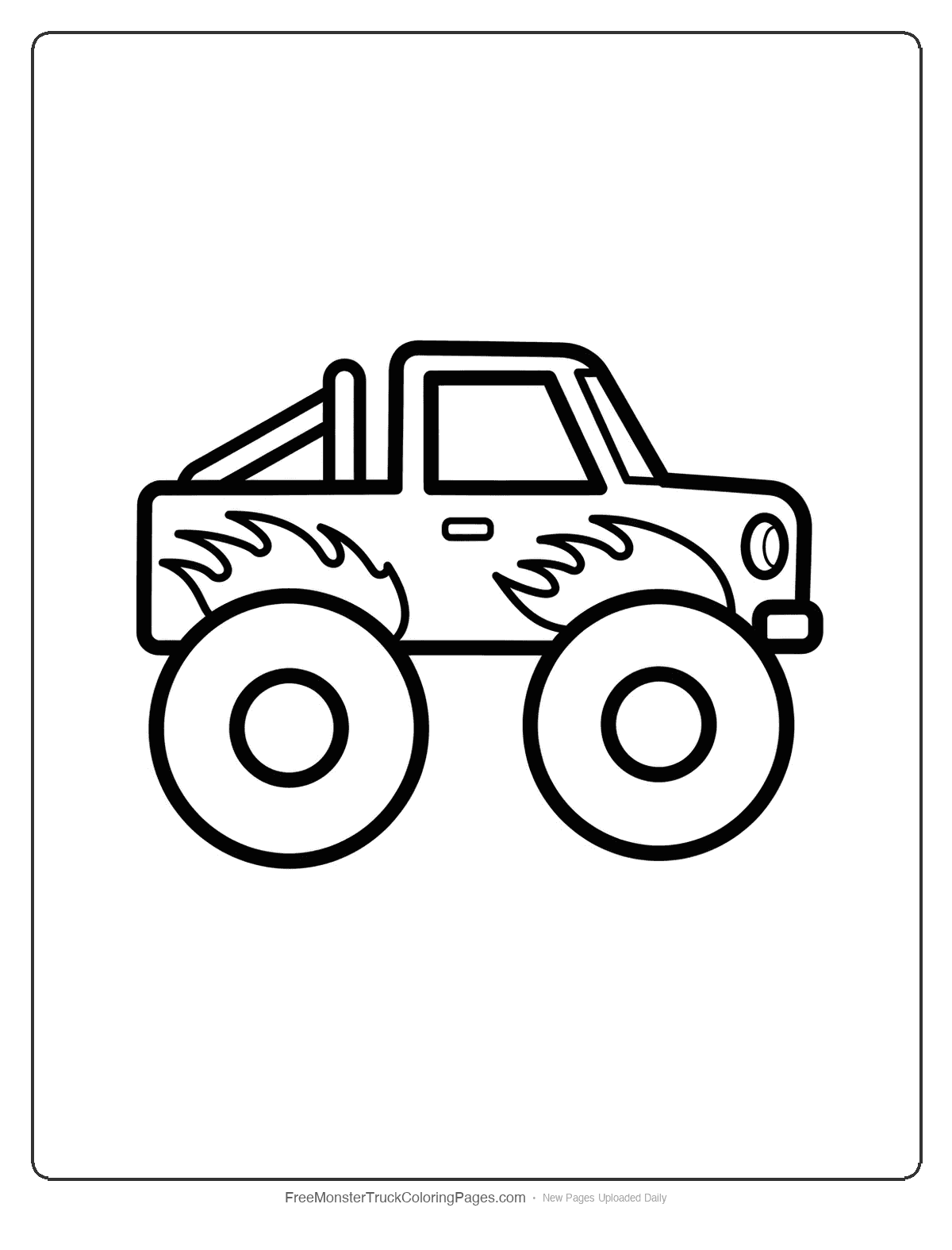 Black and white coloring page of a very simple monster truck with basic flame shapes on the sides and large wheels