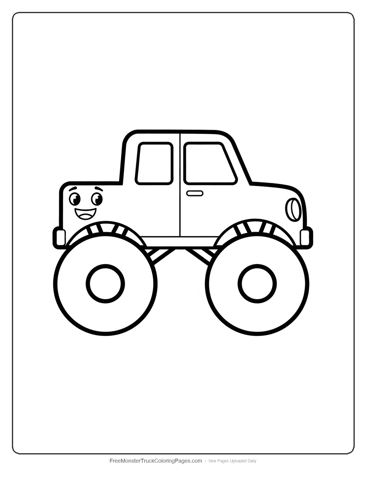 Simple monster truck coloring page with smiley face, large wheels, and thick outlines for toddlers