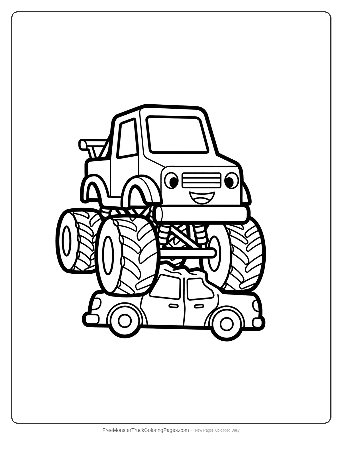 Black and white coloring page of a smiling monster truck with very simple design crushing a car underneath