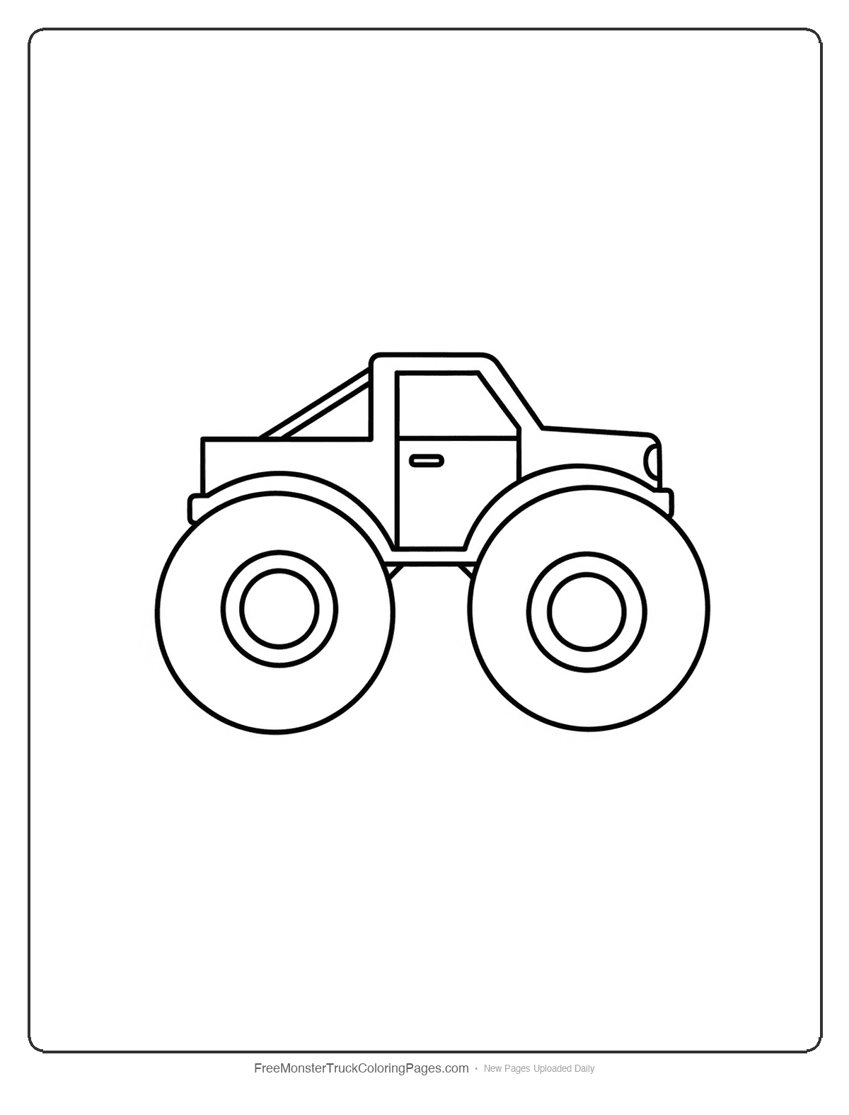 Monster truck coloring page emphasizing large simple wheels and basic truck design for young children