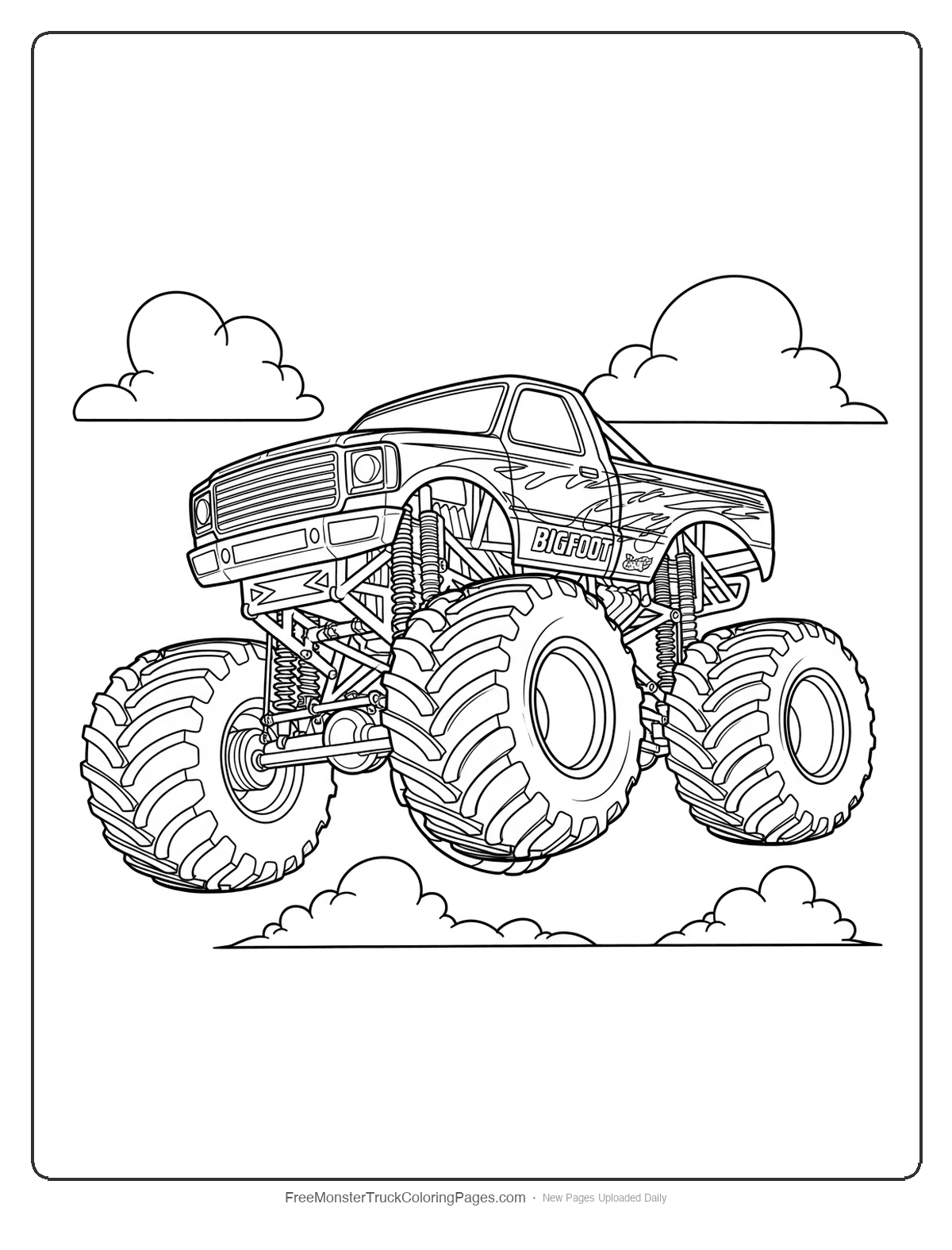 Black and white coloring page of a Bigfoot monster truck jumping through the air with detailed features