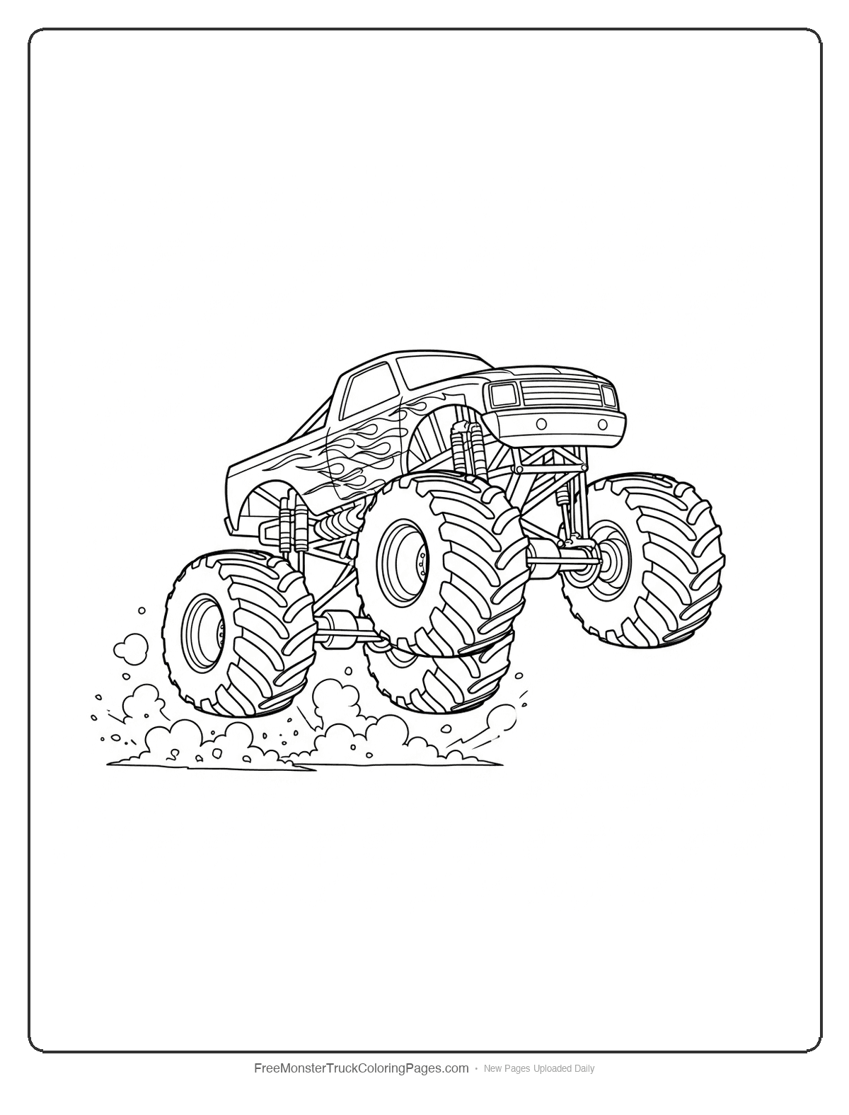 Black and white coloring page of a monster truck called Sky Walker jumping through the air with all four wheels visible and dirt flying behind it