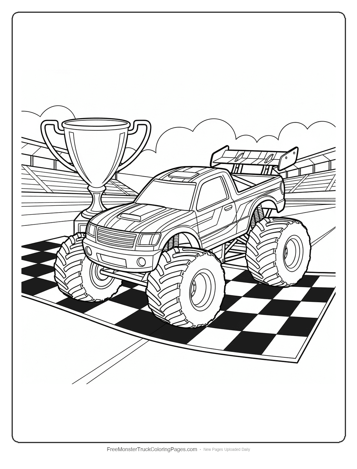 Black and white coloring page of a monster truck with racing stripes crossing a checkered finish line with a trophy