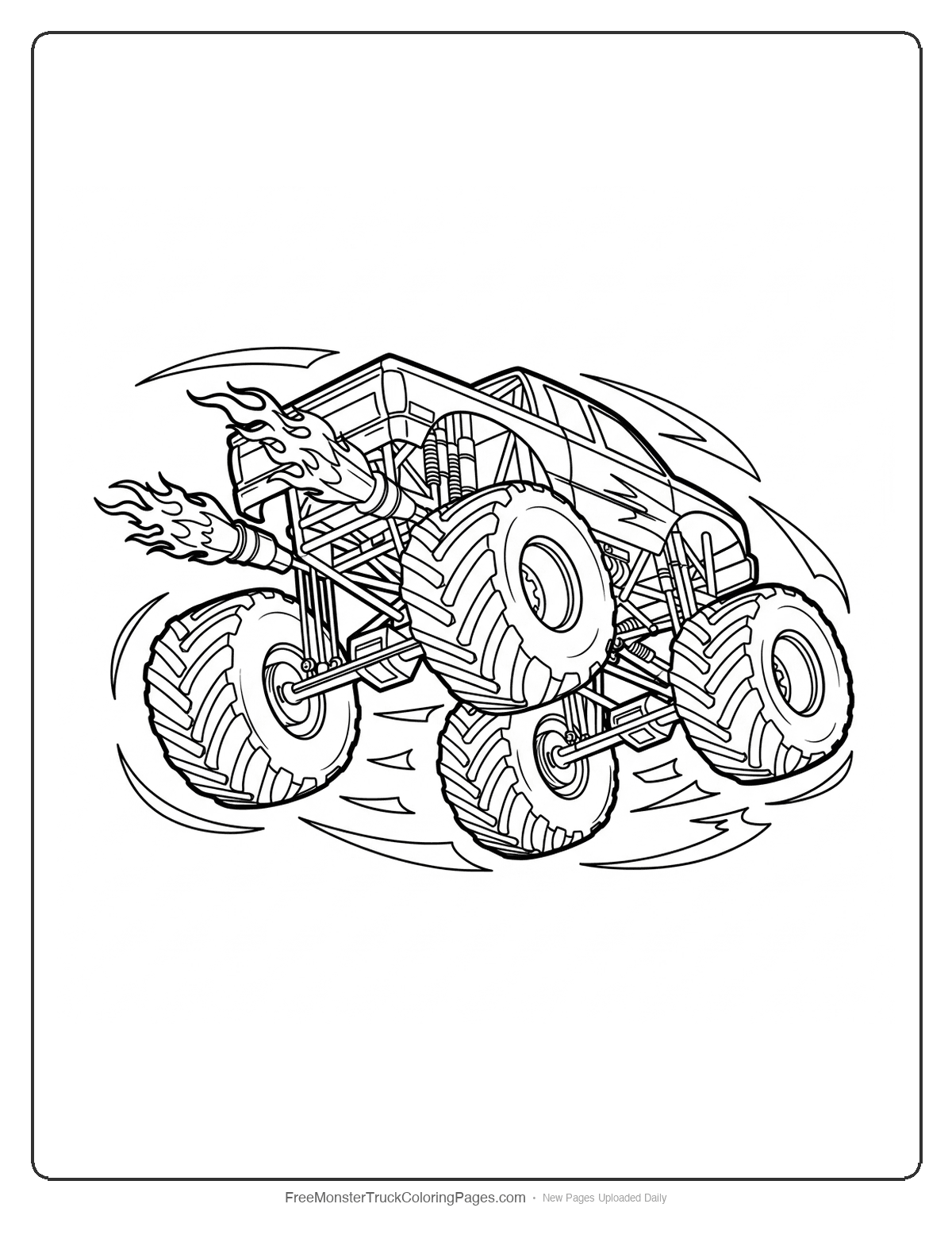 Black and white coloring page of a monster truck performing a spinning aerial maneuver with motion lines and detailed mechanical features