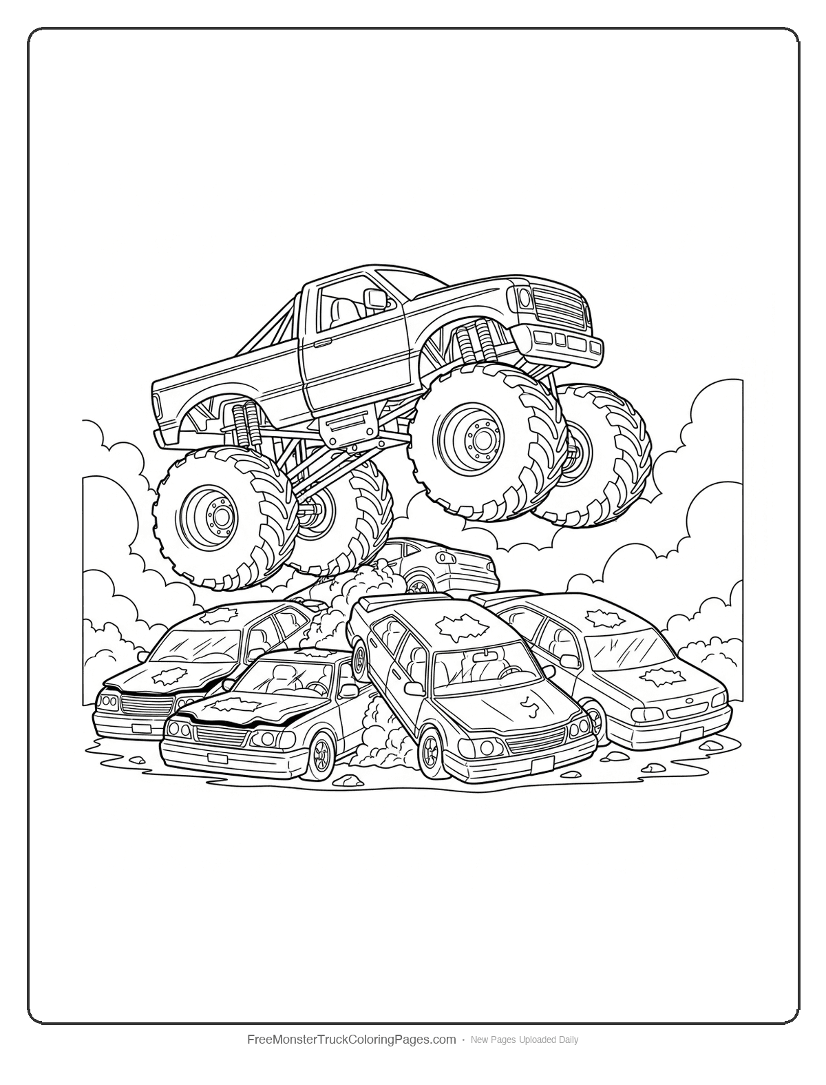 Black and white coloring page of a monster truck jumping over a stack of crushed cars with detailed scene elements