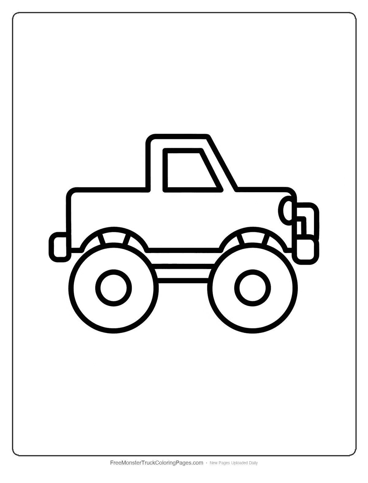Very simple monster truck coloring page with basic shapes and thick outlines for toddler coloring