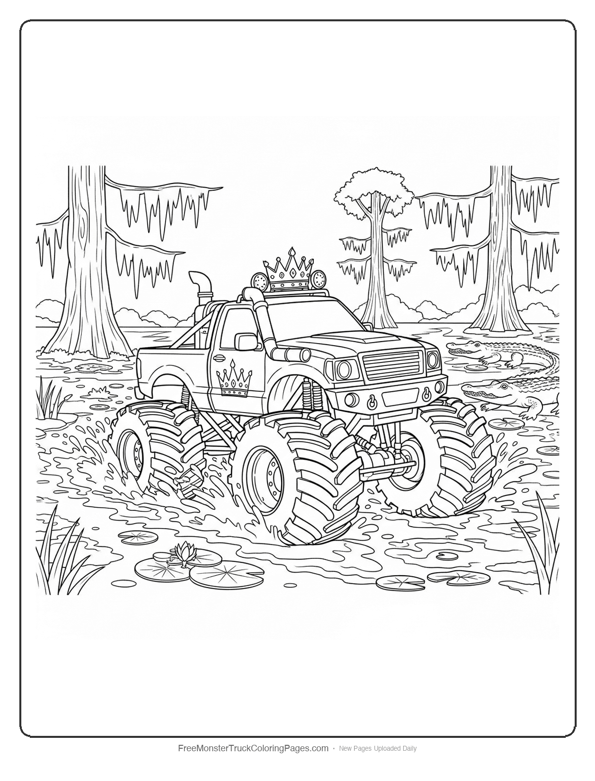 Coloring page of the Swamp King monster truck with special swamp equipment driving through marshland