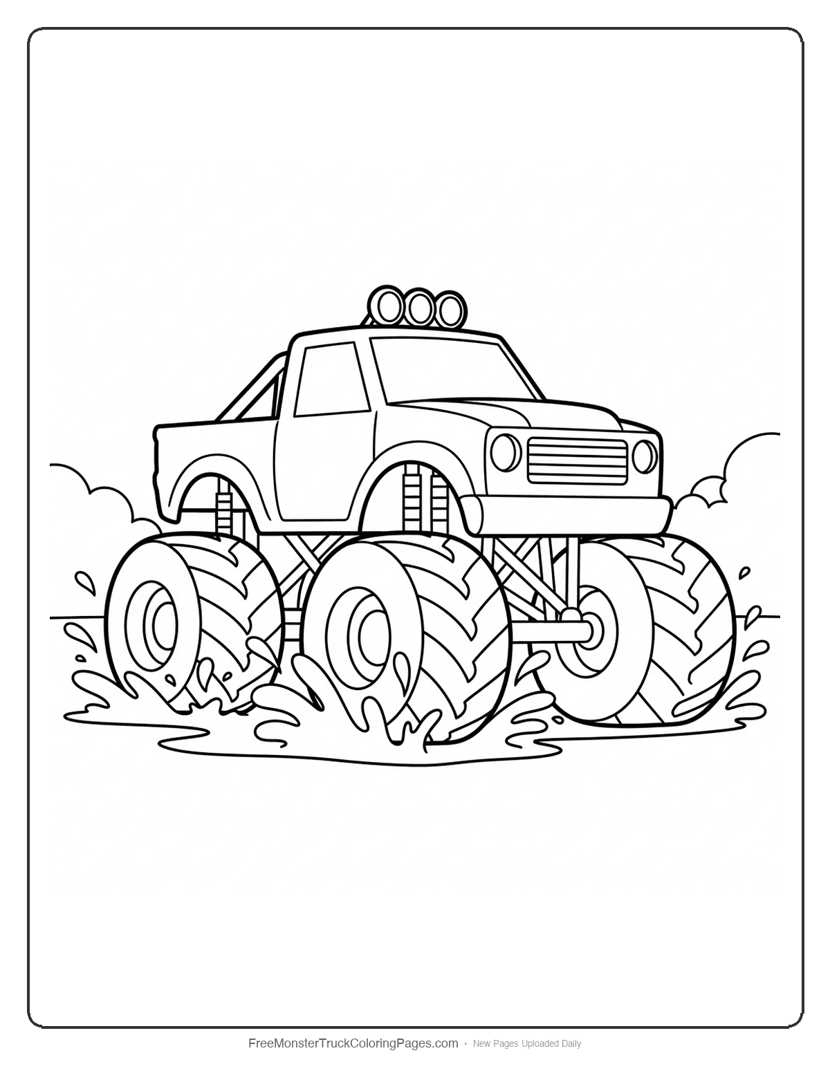 Coloring page of a monster truck splashing through a swamp with mud and water spraying around it