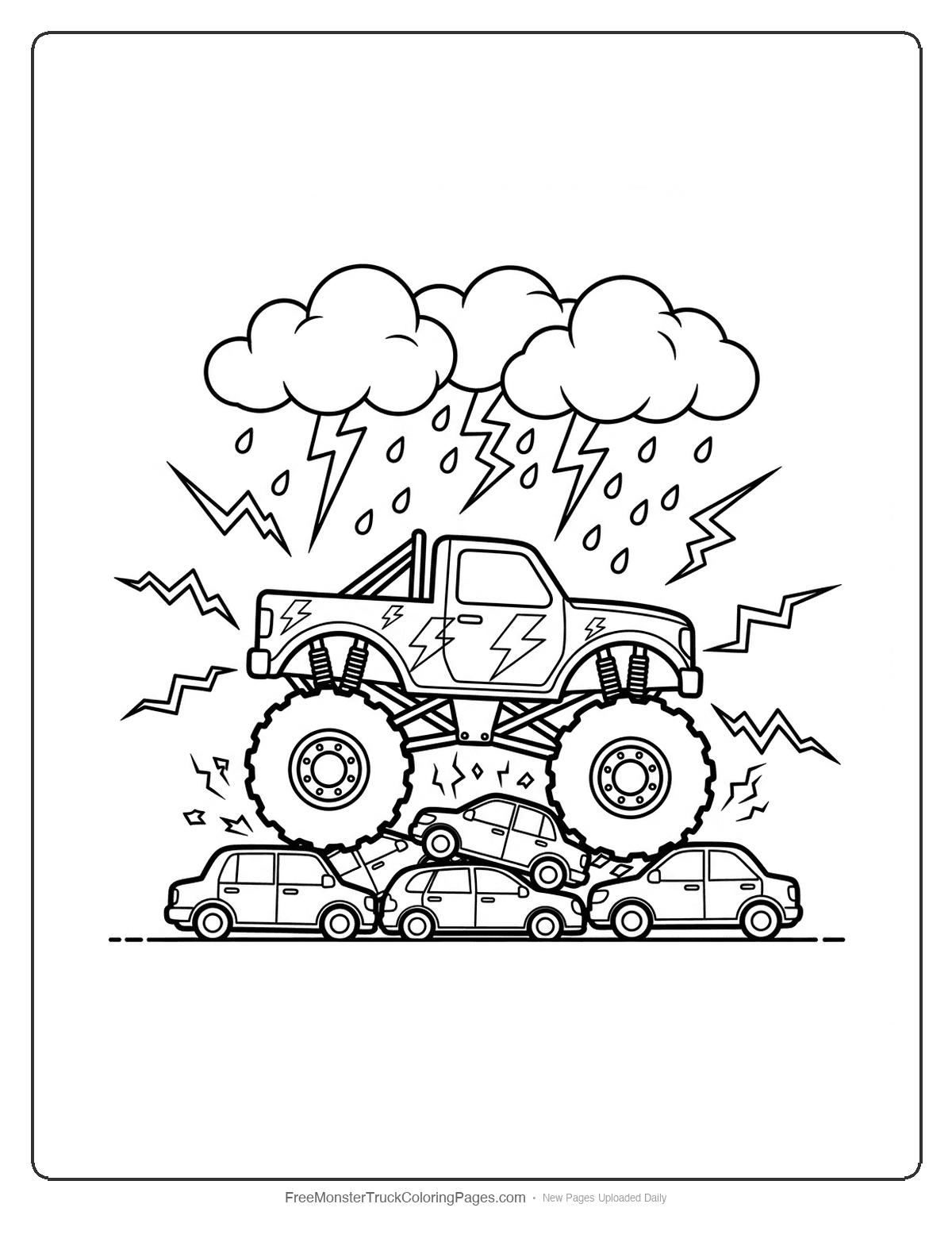 Black and white coloring page of a monster truck with lightning bolt designs crushing cars with storm clouds above