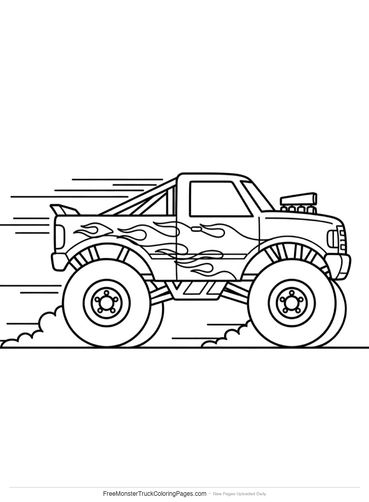 Black and white coloring page of Thunder Flame monster truck with flame designs racing on a track