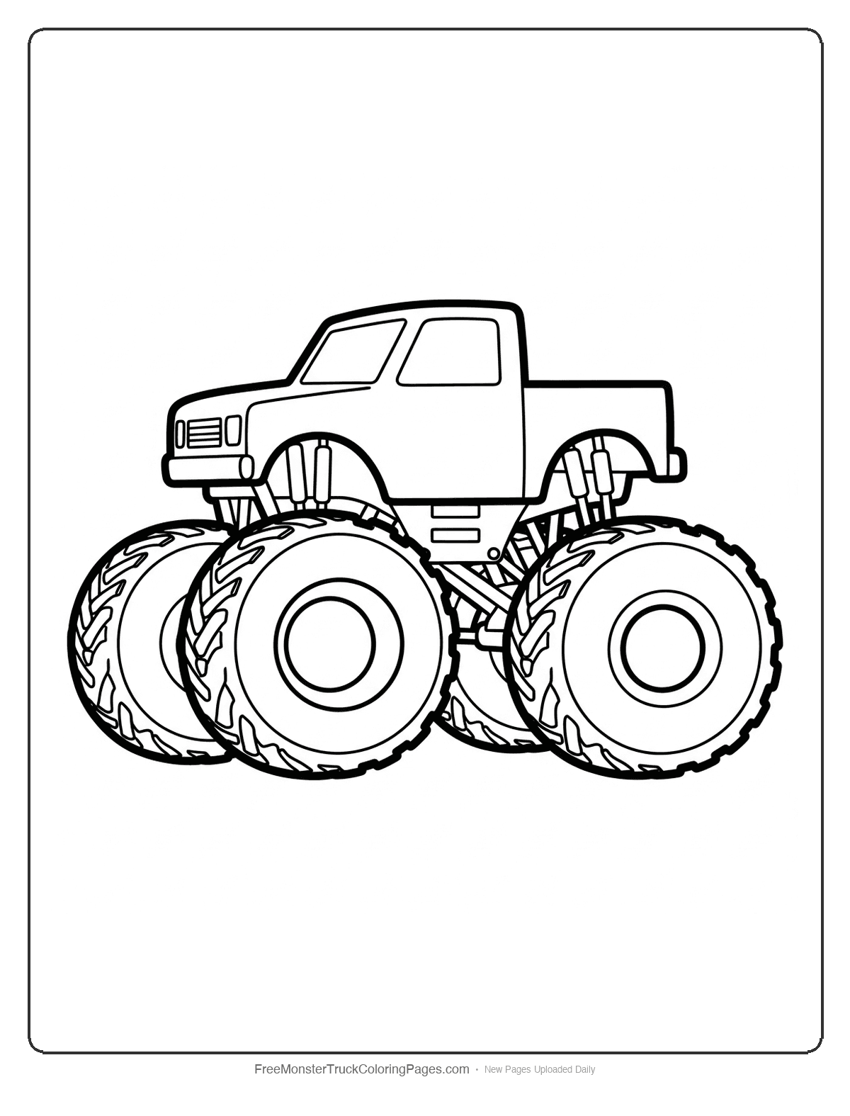 Black and white coloring page of a monster truck with very large wheels and simple body design