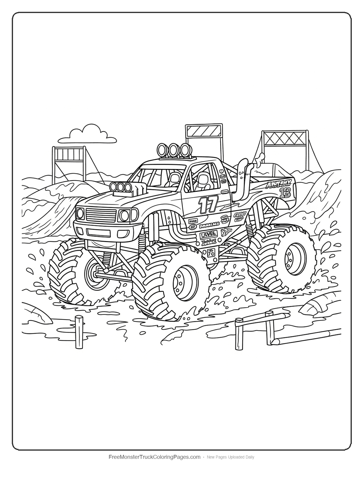 Coloring page of an ultimate monster truck with detailed features destroying through a complex mud bog scene